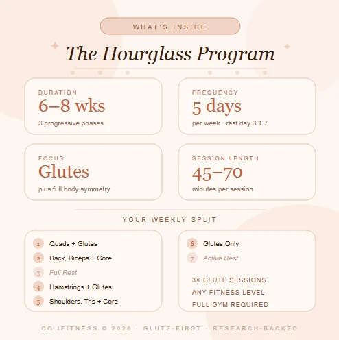 What's inside the Hourglass Program: 6–8 weeks, 5 days a week, glute focus, 45–70 minute sessions